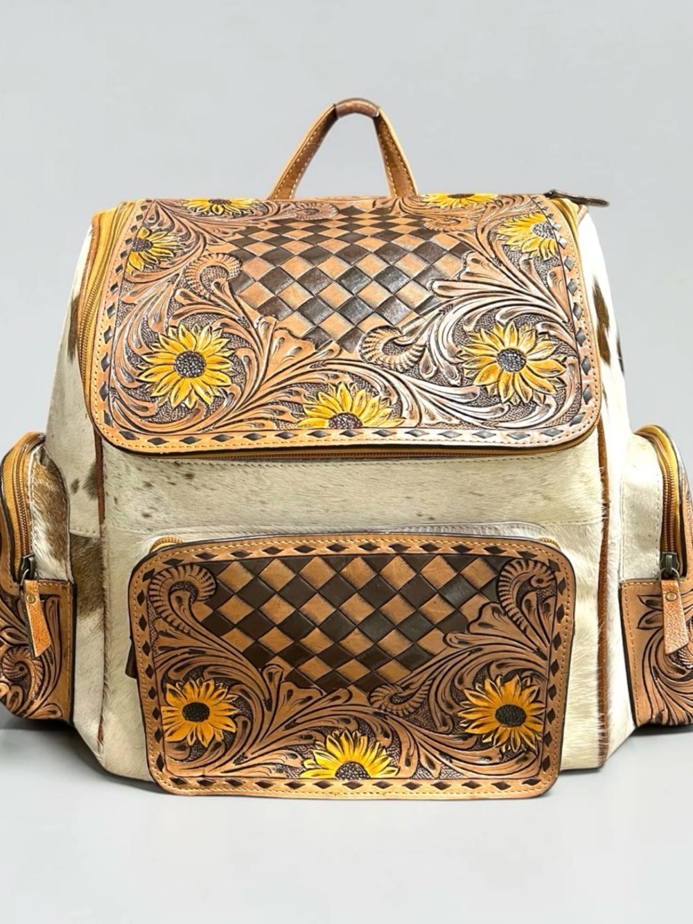 Sunflower Tooled Leather & Haircalf Backpack